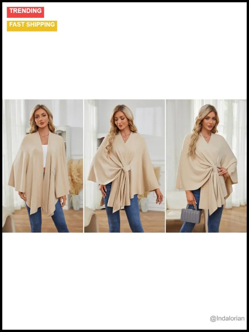 Elegant Shawl Wrap Open Front Poncho Sweater Soft Loop Tab Draped Cover